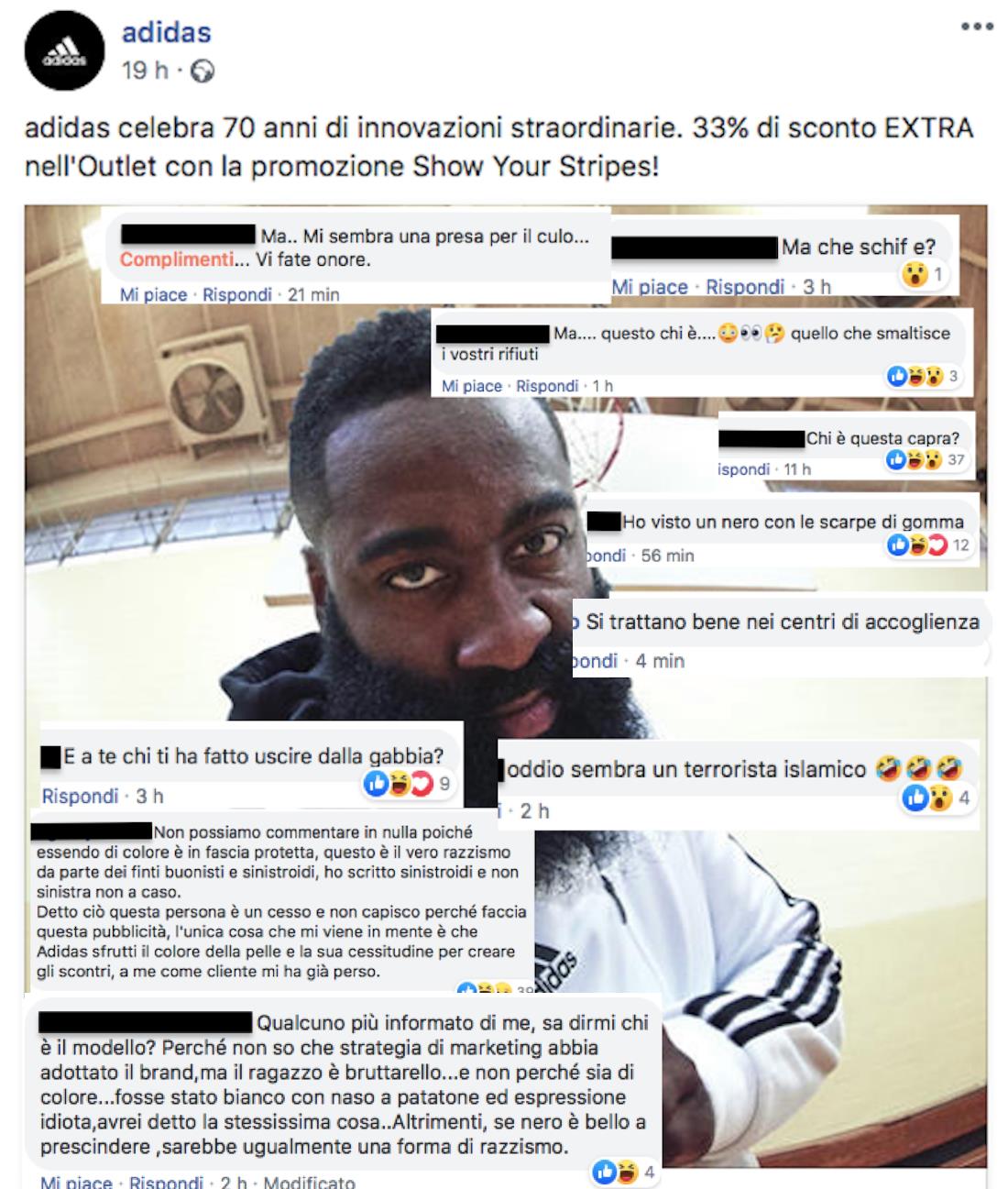 Il post su Facebook di Adidas con James Harden coperto da insulti